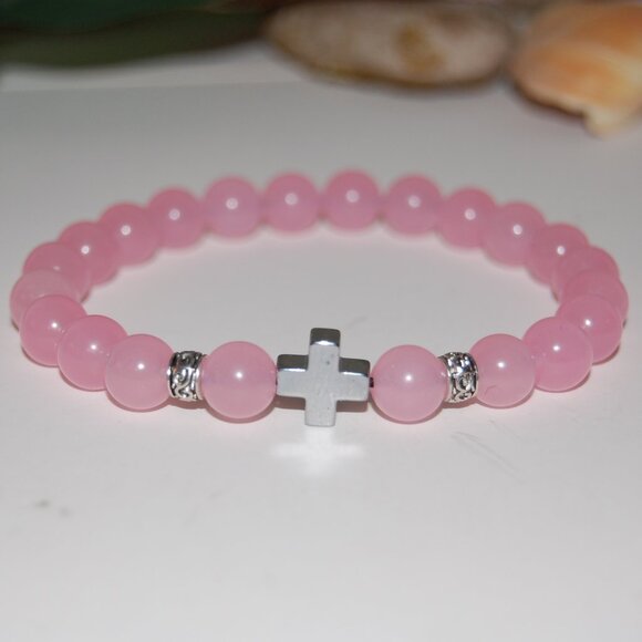 Cross Bracelet,Pink Beaded Cross Bracelet,Pink Bracelet - Picture 2 of 2